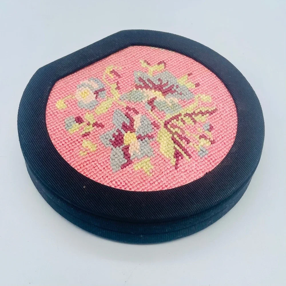 Vintage Needlepoint Floral Powder Compact Mirror Grosgrain Black
